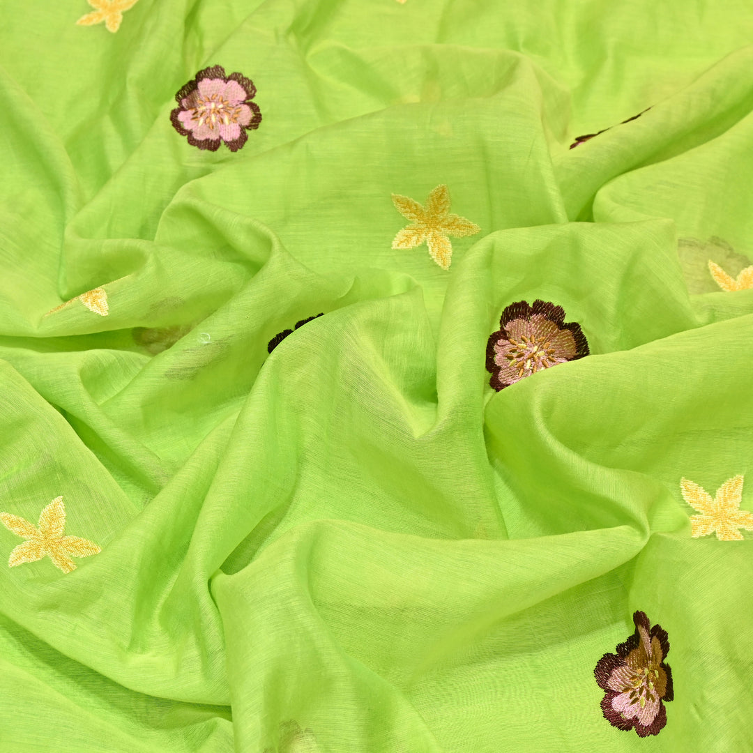 Lime Green Color Mul Chanderi Floral Thread Embroidered Fabric - Chanderi Embroidery Fabrics GP3841A-01