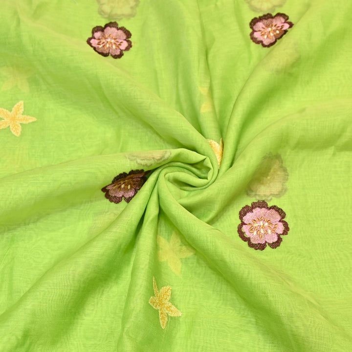 Lime Green Color Mul Chanderi Floral Thread Embroidered Fabric - Chanderi Embroidery Fabrics GP3841A-01