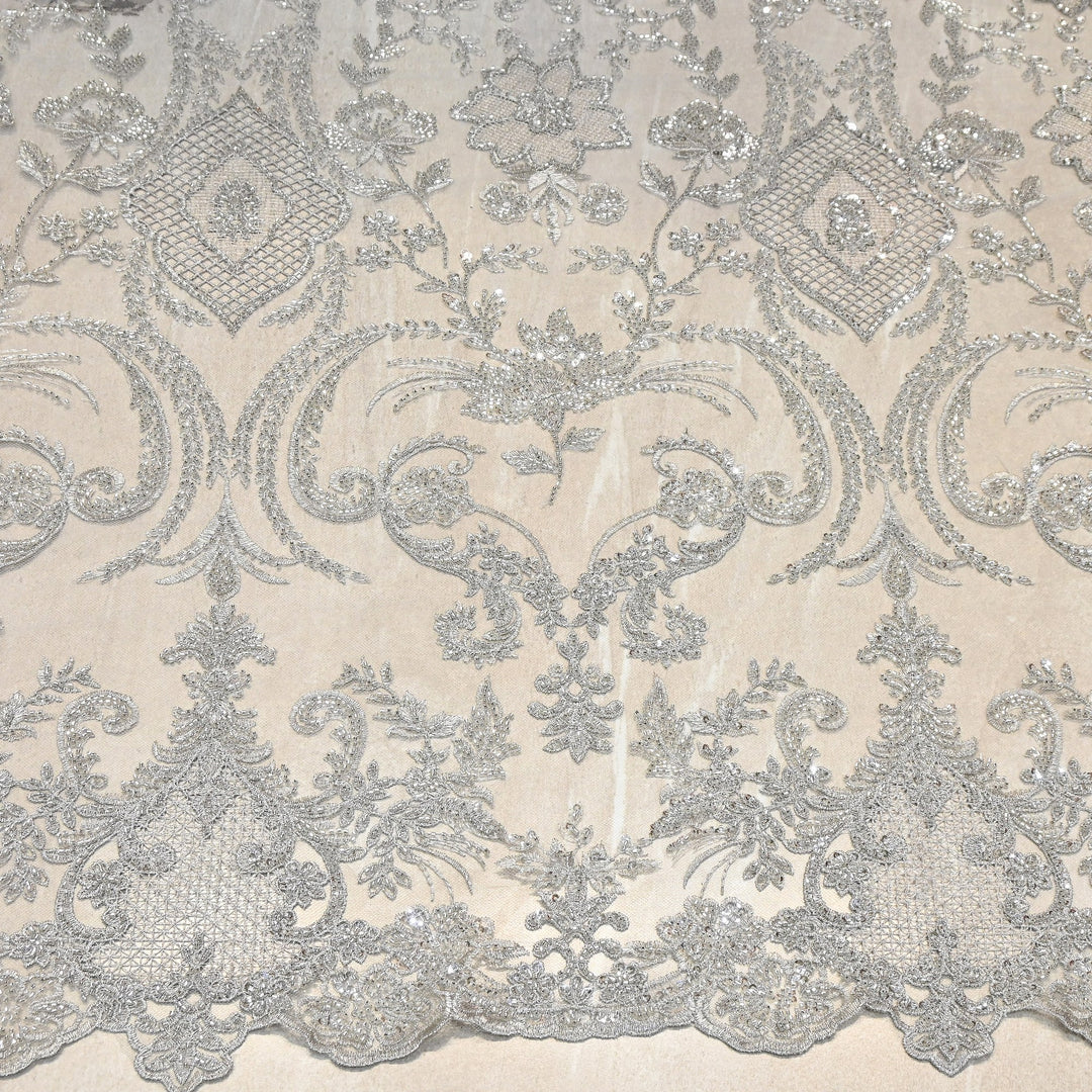 Luxury Imported Net Heavy Silver Cut Dana & Sequins Embroidered Designer Fabric - DV8851-1