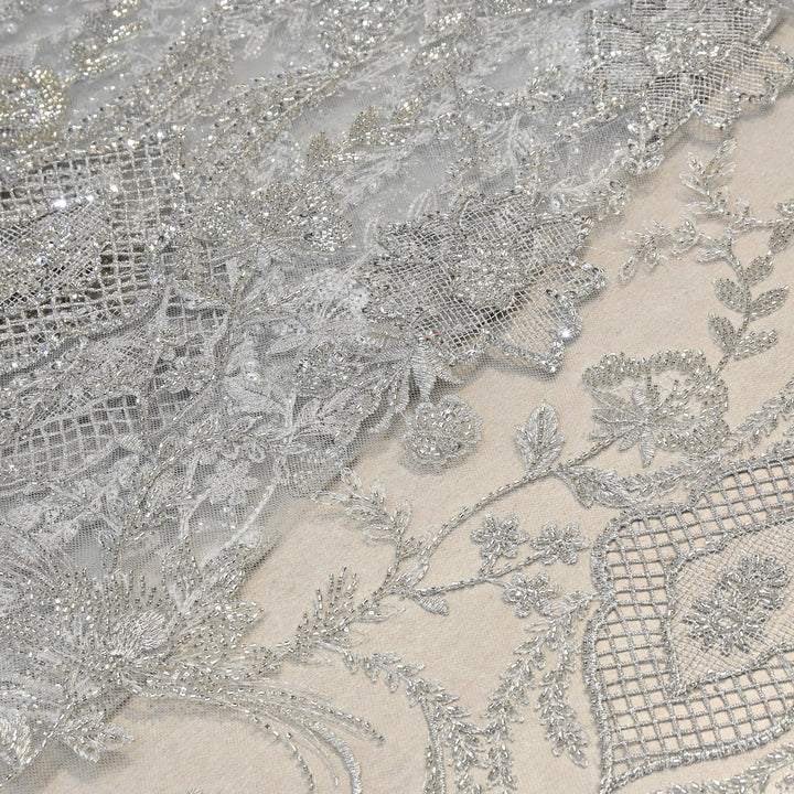 Luxury Imported Net Heavy Silver Cut Dana & Sequins Embroidered Designer Fabric - DV8851-1