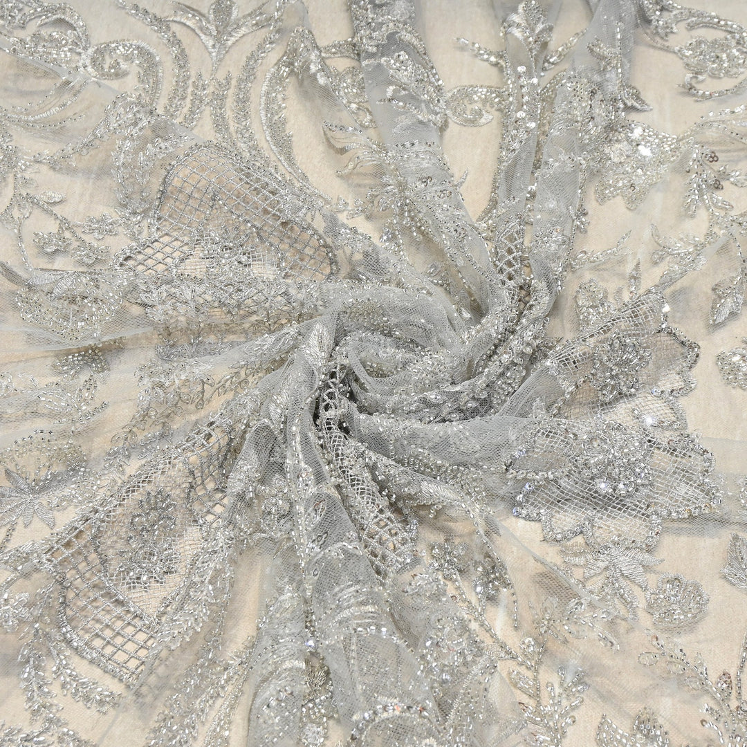 Luxury Imported Net Heavy Silver Cut Dana & Sequins Embroidered Designer Fabric - DV8851-1