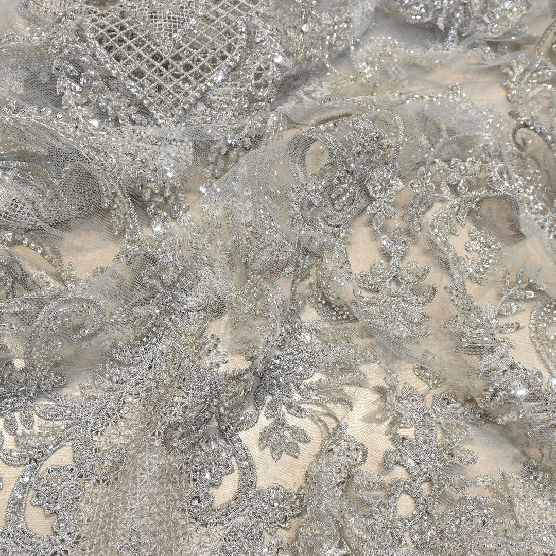 Luxury Imported Net Heavy Silver Cut Dana & Sequins Embroidered Designer Fabric - DV8851-1