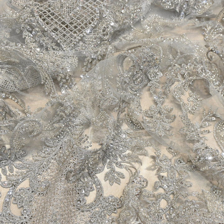 Luxury Imported Net Heavy Silver Cut Dana & Sequins Embroidered Designer Fabric - DV8851-1