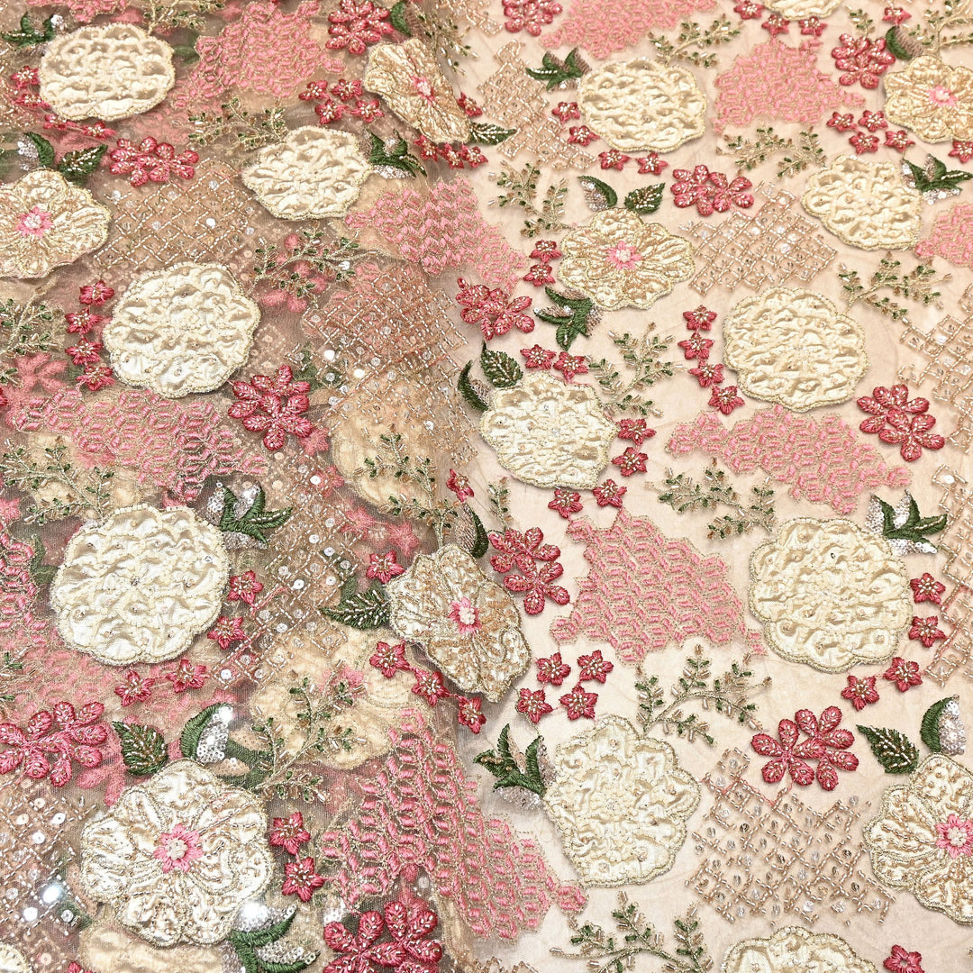 Premium Net Fabric with Zari Thread & Pearl Embroidery – Luxury Designer Fabric- V2498C-1