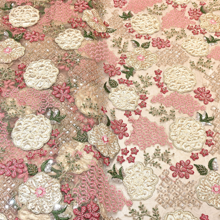 Premium Net Fabric with Zari Thread & Pearl Embroidery – Luxury Designer Fabric- V2498C-1