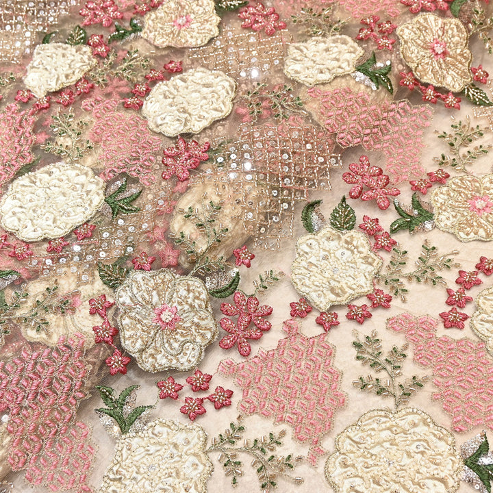 Premium Net Fabric with Zari Thread & Pearl Embroidery – Luxury Designer Fabric- V2498C-1