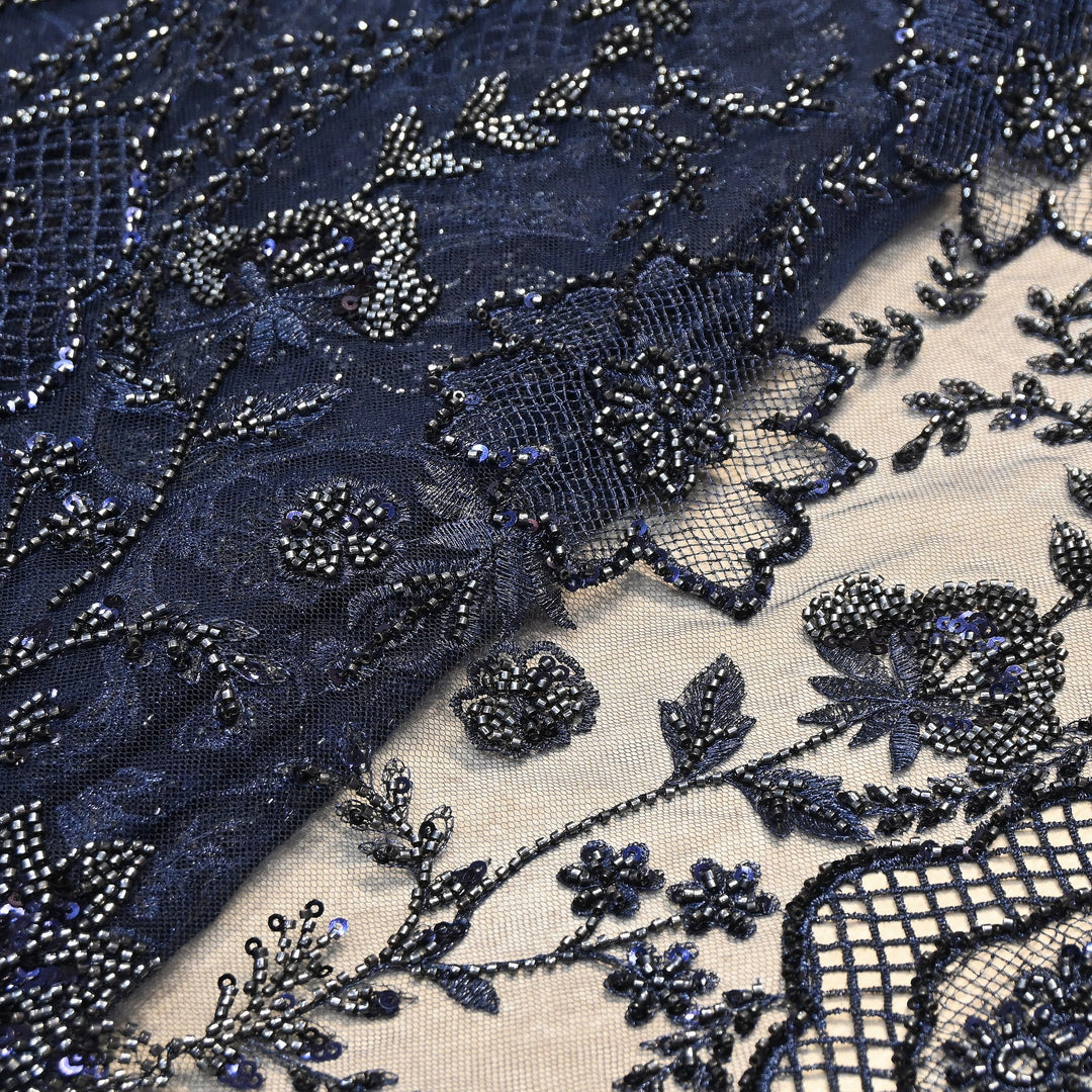 Luxury Imported Net Heavy Silver Cut Dana & Sequins Embroidered Designer Fabric - DV8851-2