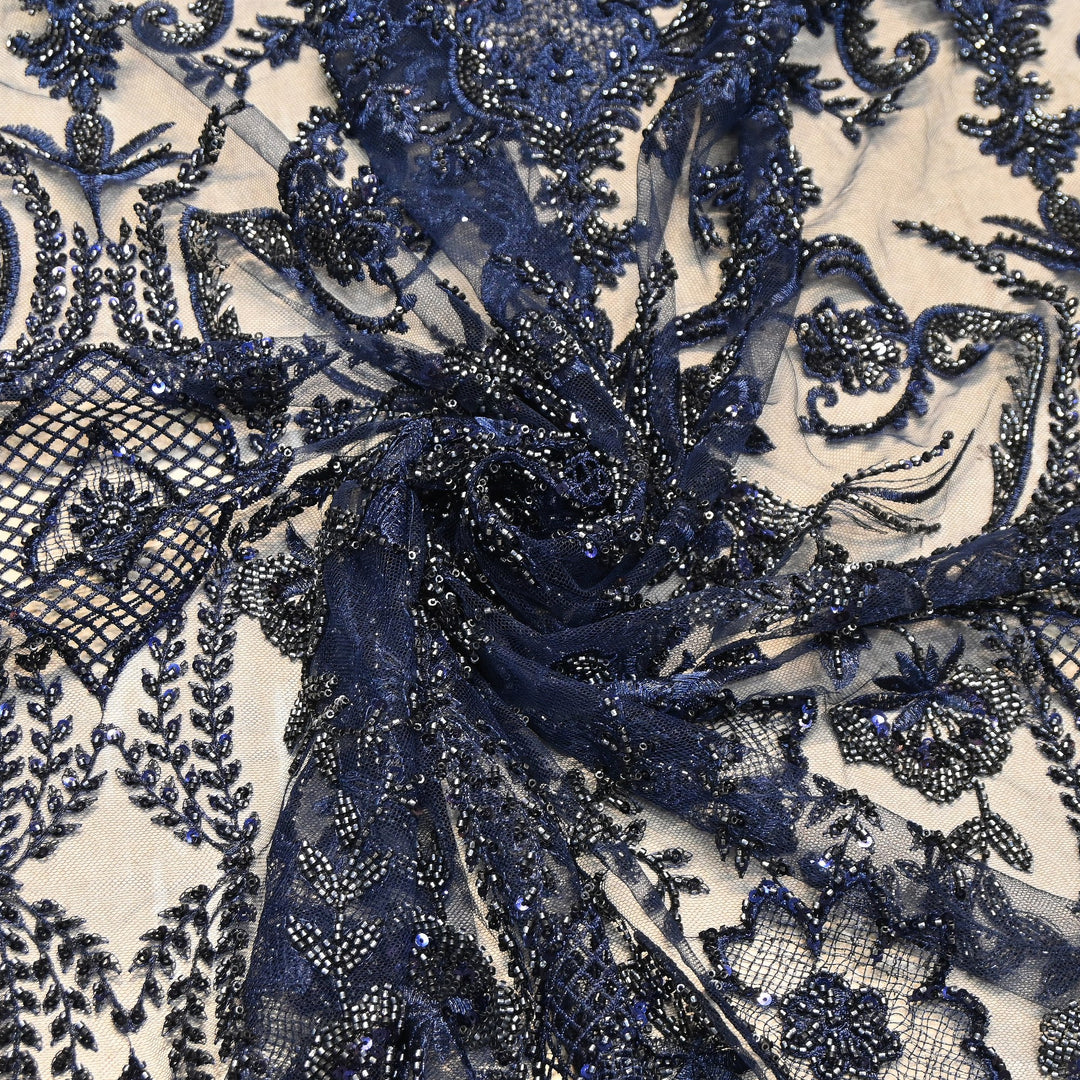 Luxury Imported Net Heavy Silver Cut Dana & Sequins Embroidered Designer Fabric - DV8851-2