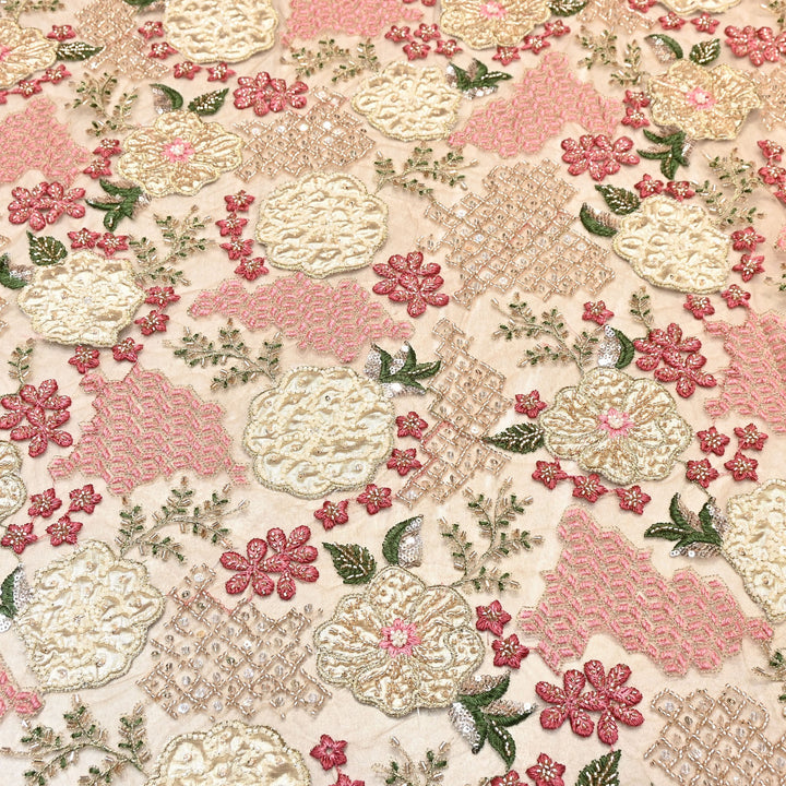 Premium Net Fabric with Zari Thread & Pearl Embroidery – Luxury Designer Fabric- V2498C-1