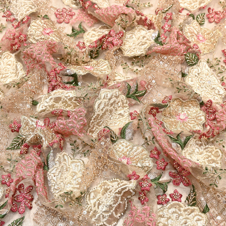 Premium Net Fabric with Zari Thread & Pearl Embroidery – Luxury Designer Fabric- V2498C-1