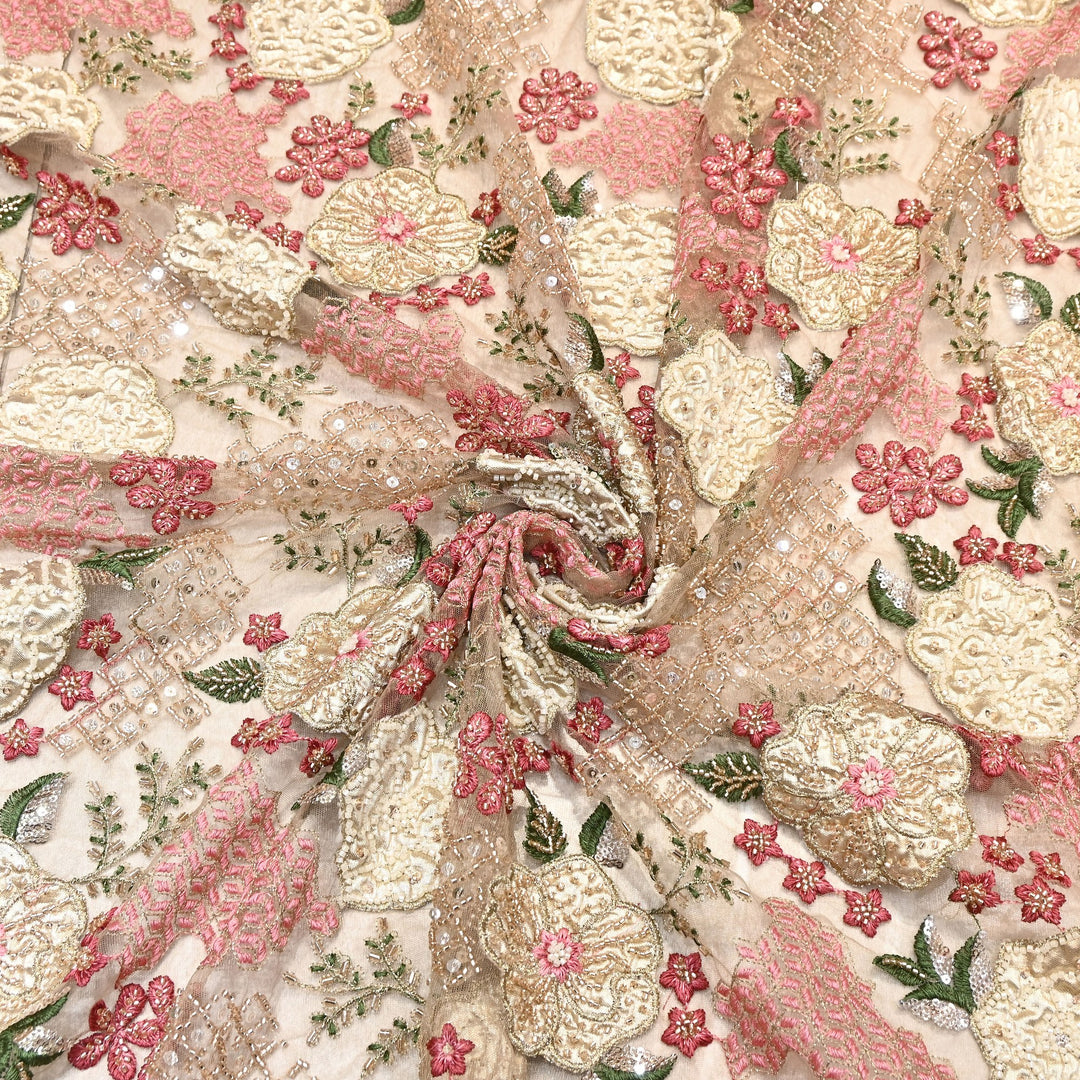 Premium Net Fabric with Zari Thread & Pearl Embroidery – Luxury Designer Fabric- V2498C-1