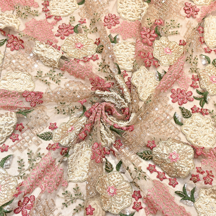 Premium Net Fabric with Zari Thread & Pearl Embroidery – Luxury Designer Fabric- V2498C-1