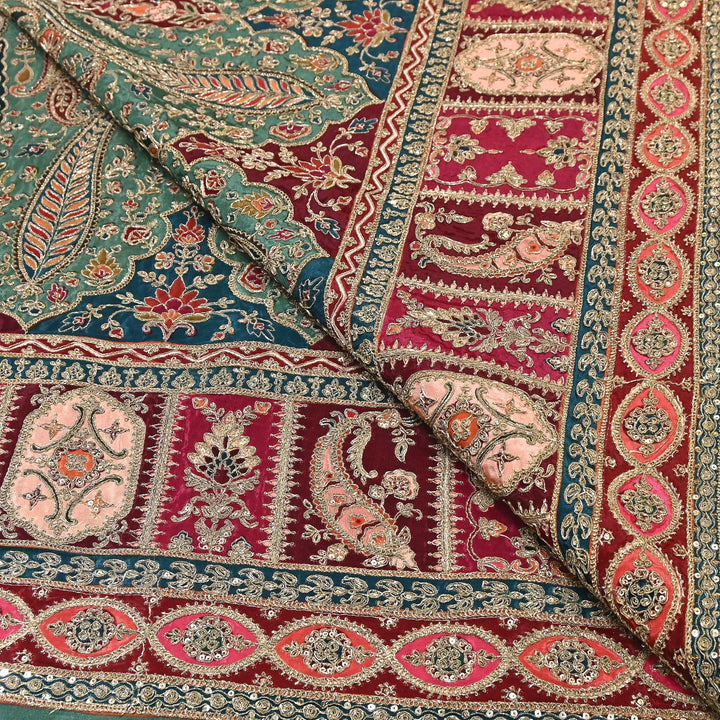 Multi Color Crape Position Print Fabric with Zari Sequins Embroidery- 007166B-1
