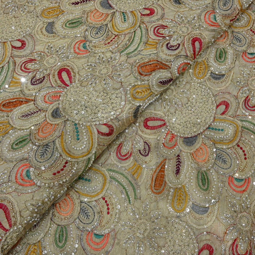 Dyeable Tissue Zari Moti Sequins Embroidery Fabrics