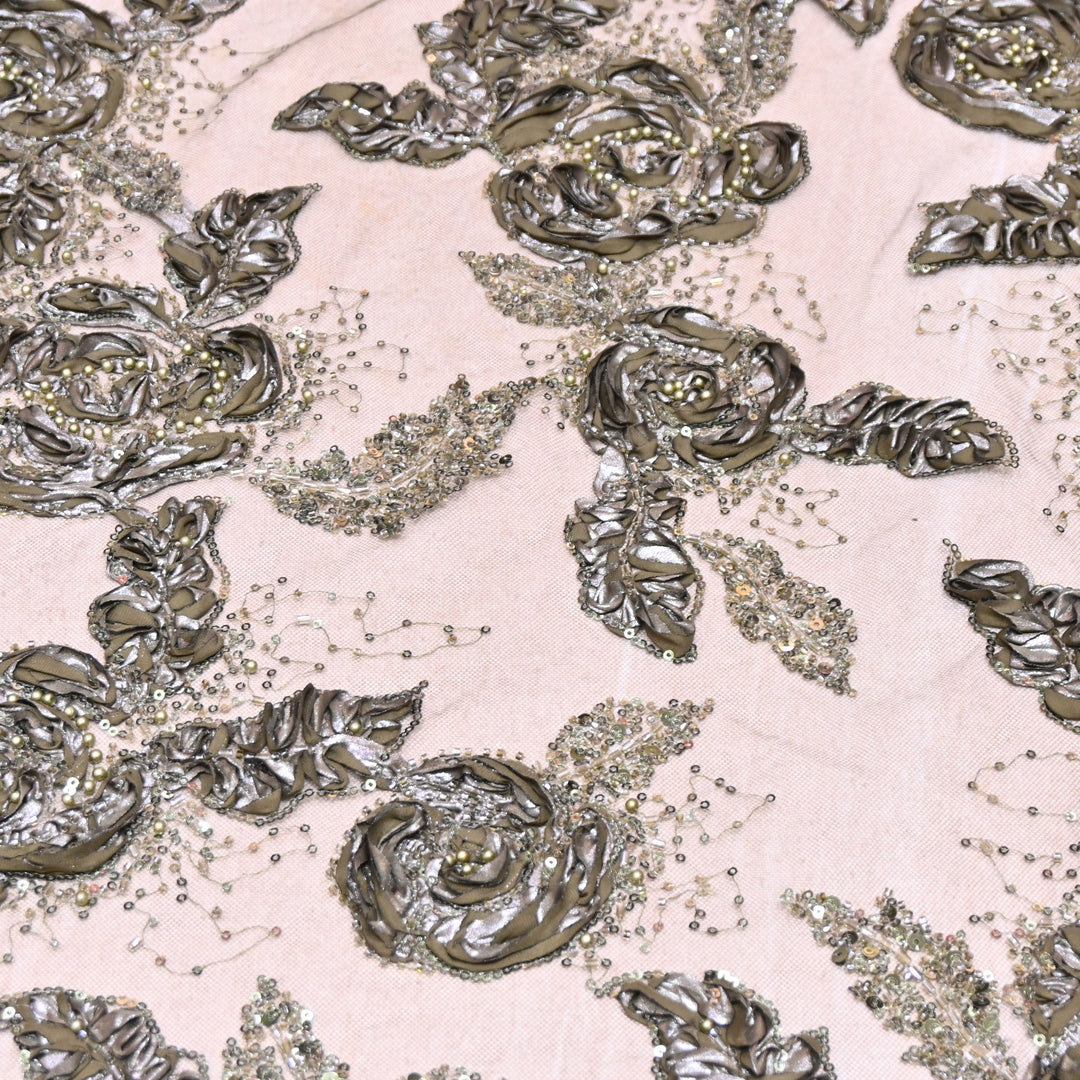 Imported Net Fabric with 3D Floral & Cut Dana Sequins Embroidery – Premium Party Wear Fabric-DY03174-2