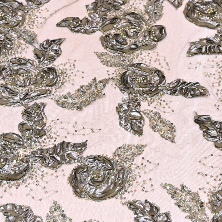 Imported Net Fabric with 3D Floral & Cut Dana Sequins Embroidery – Premium Party Wear Fabric-DY03174-2