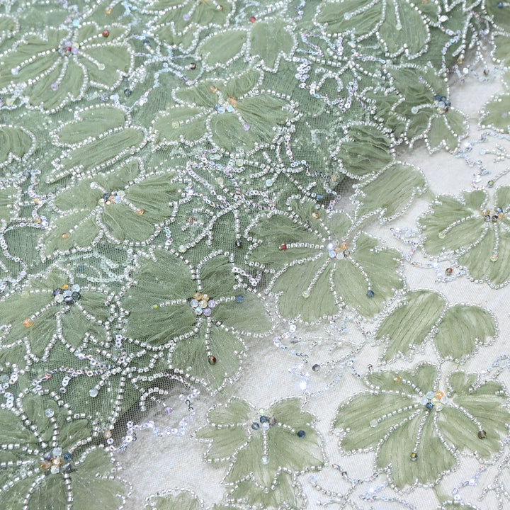 Luxury Floral Embroidered Net Fabric with Sequins & Cut Dana Work - AF7020-2