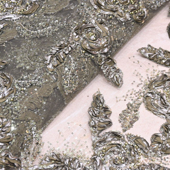 Imported Net Fabric with 3D Floral & Cut Dana Sequins Embroidery – Premium Party Wear Fabric-DY03174-2