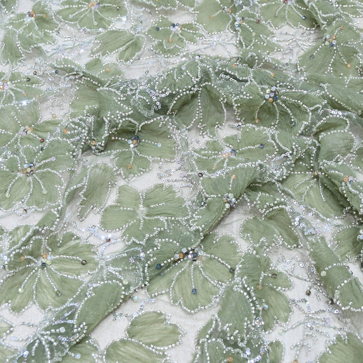 Luxury Floral Embroidered Net Fabric with Sequins & Cut Dana Work - AF7020-2