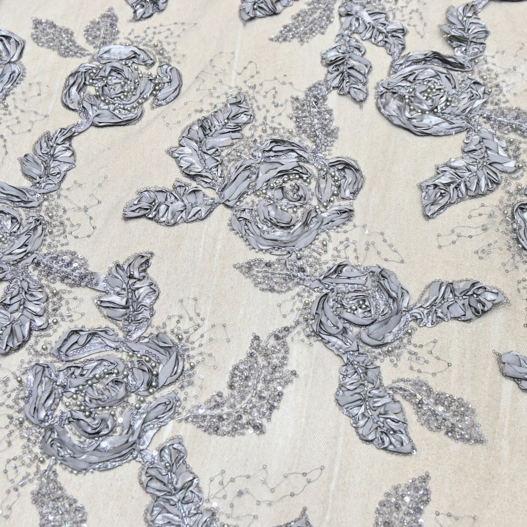 Imported Net Fabric with 3D Floral & Cut Dana Sequins Embroidery – Premium Party Wear Fabric-DY03174-3