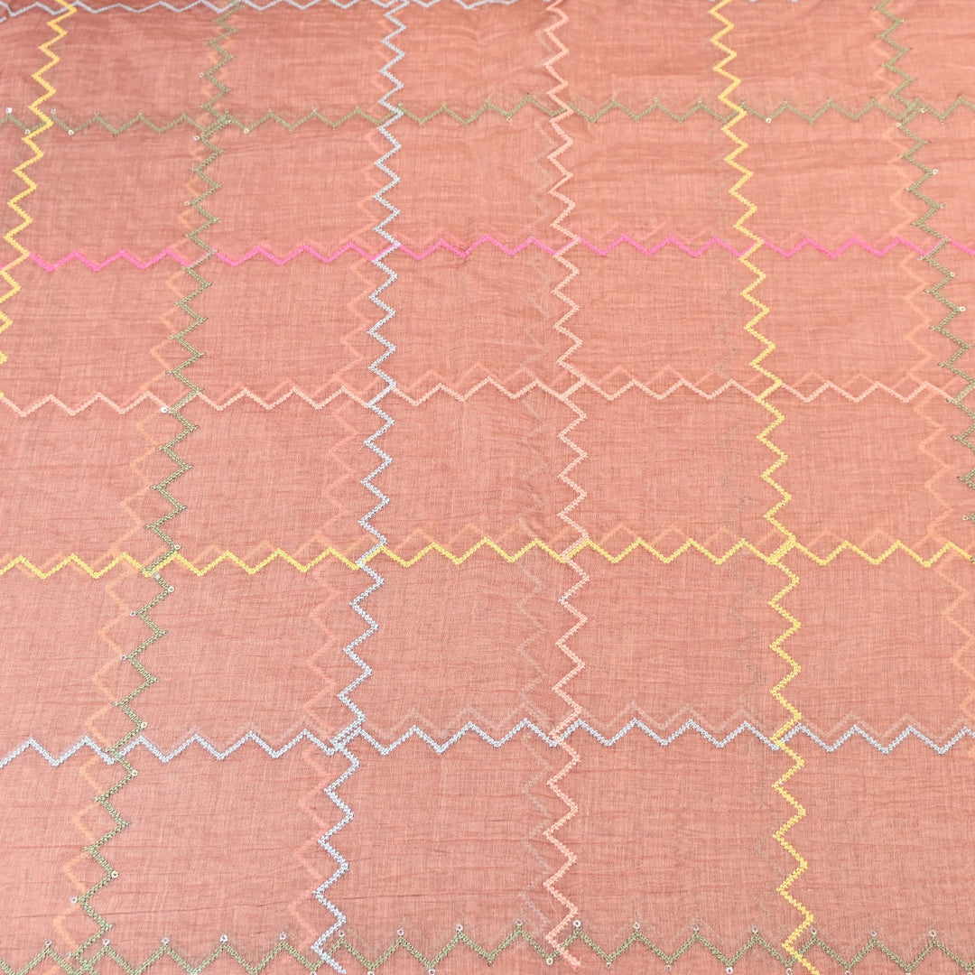 Peach Color Mul Chanderi Fabric with Sequins Embroidery Work | Lightweight Designer Fabric- SWC1038-1