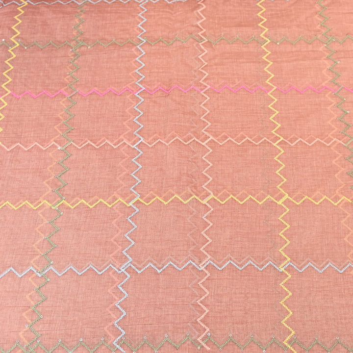 Peach Color Mul Chanderi Fabric with Sequins Embroidery Work | Lightweight Designer Fabric- SWC1038-1