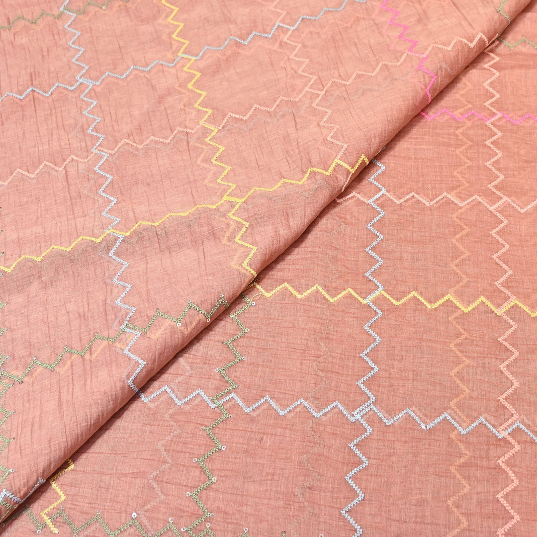 Peach Color Mul Chanderi Fabric with Sequins Embroidery Work | Lightweight Designer Fabric- SWC1038-1