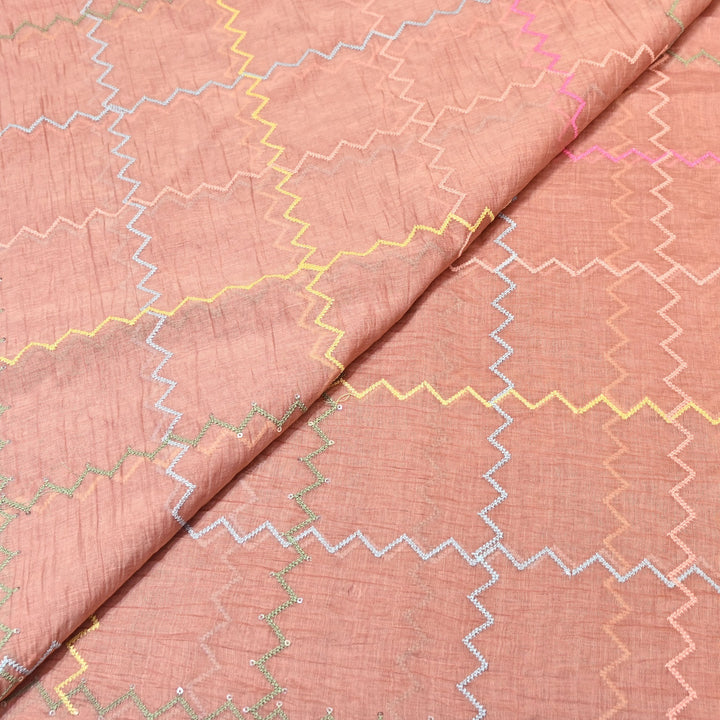 Peach Color Mul Chanderi Fabric with Sequins Embroidery Work | Lightweight Designer Fabric- SWC1038-1