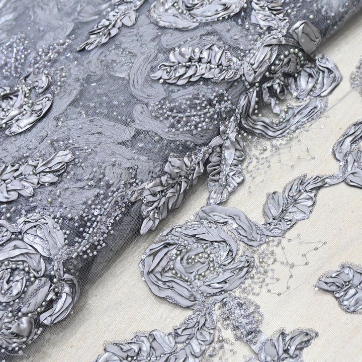 Imported Net Fabric with 3D Floral & Cut Dana Sequins Embroidery – Premium Party Wear Fabric-DY03174-3