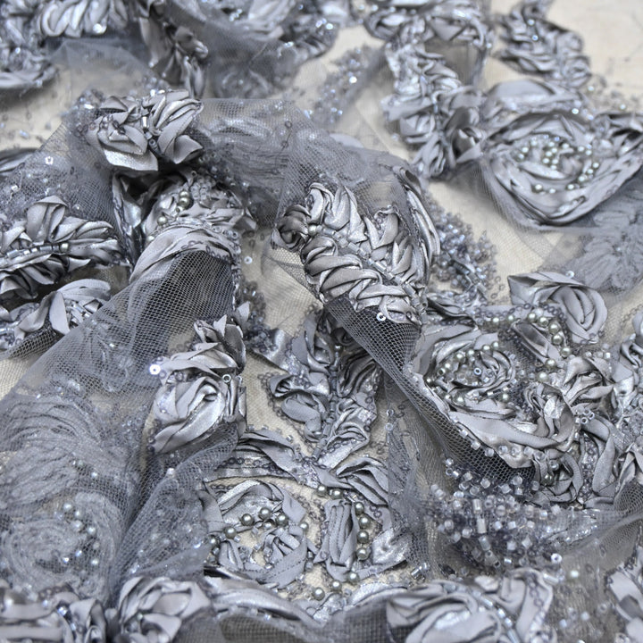 Imported Net Fabric with 3D Floral & Cut Dana Sequins Embroidery – Premium Party Wear Fabric-DY03174-3