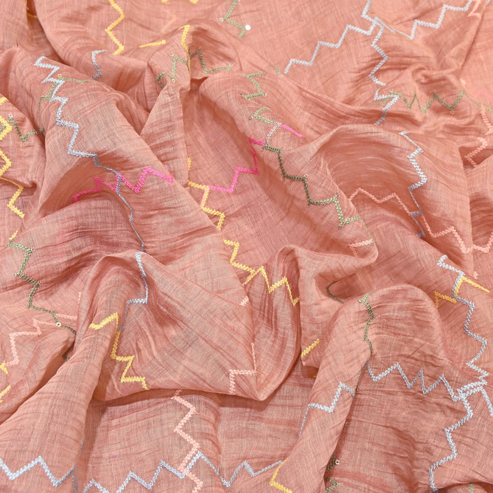 Peach Color Mul Chanderi Fabric with Sequins Embroidery Work | Lightweight Designer Fabric- SWC1038-1