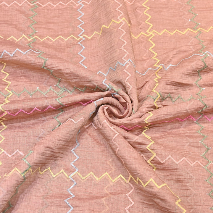 Peach Color Mul Chanderi Fabric with Sequins Embroidery Work | Lightweight Designer Fabric- SWC1038-1