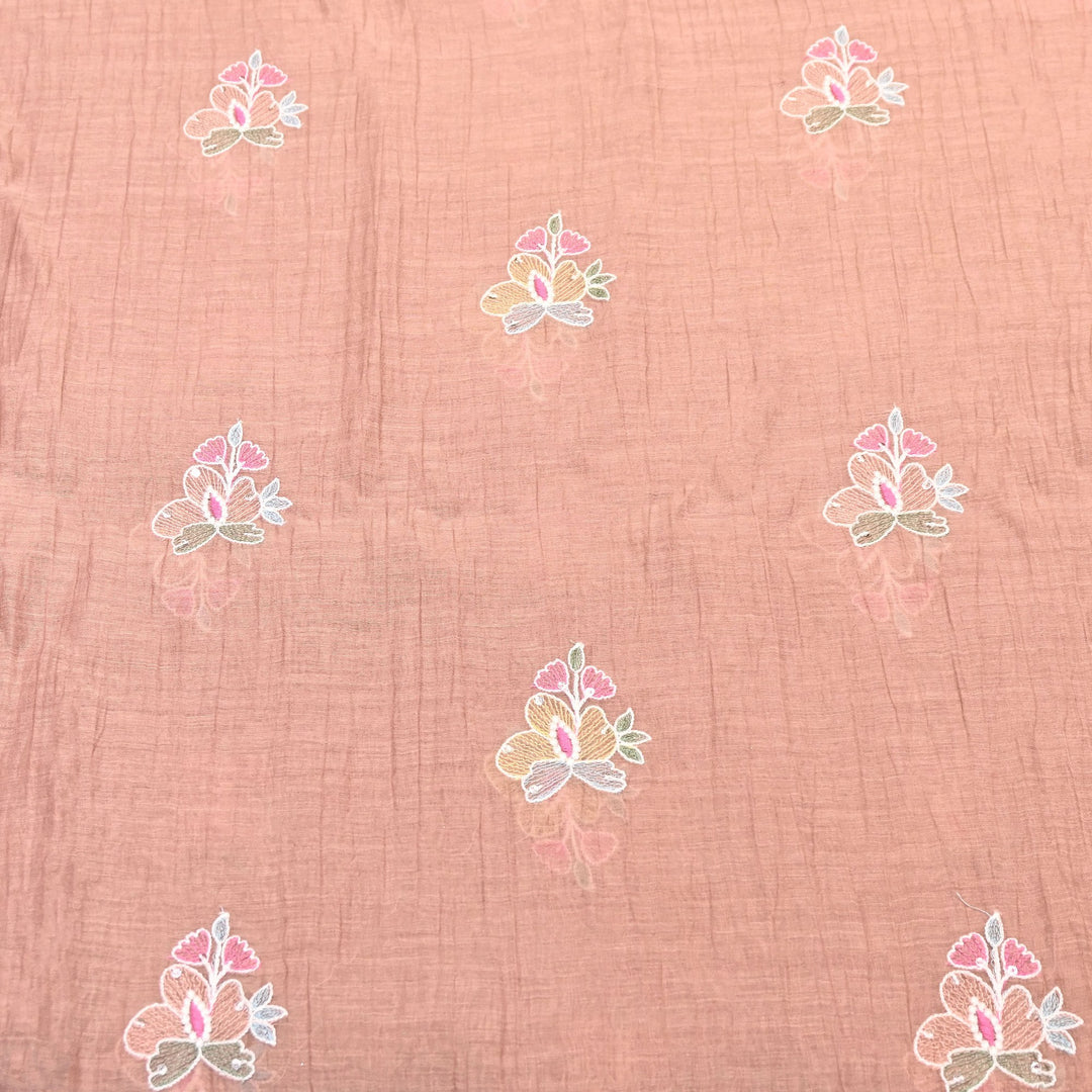 Peach Color Mul Chanderi Fabric with Sequins Embroidery Work | Lightweight Designer Fabric- SWC1039-1