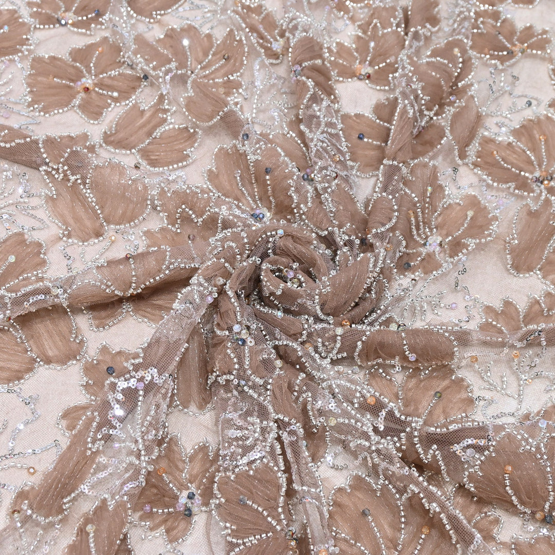 Luxury Floral Embroidered Net Fabric with Sequins & Cut Dana Work - AF7020-5