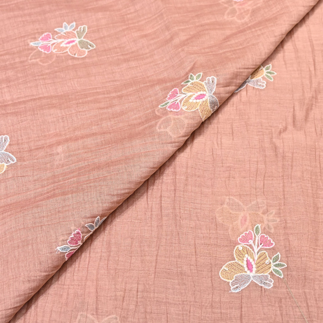Peach Color Mul Chanderi Fabric with Sequins Embroidery Work | Lightweight Designer Fabric- SWC1039-1