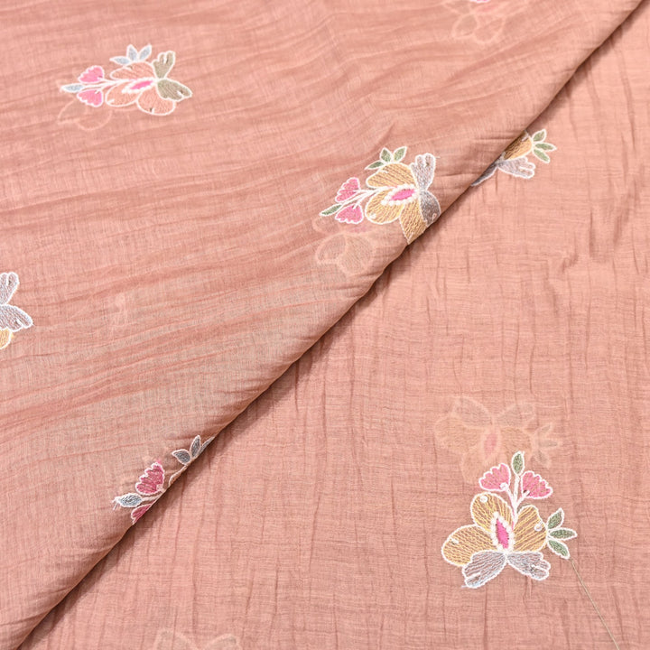 Peach Color Mul Chanderi Fabric with Sequins Embroidery Work | Lightweight Designer Fabric- SWC1039-1