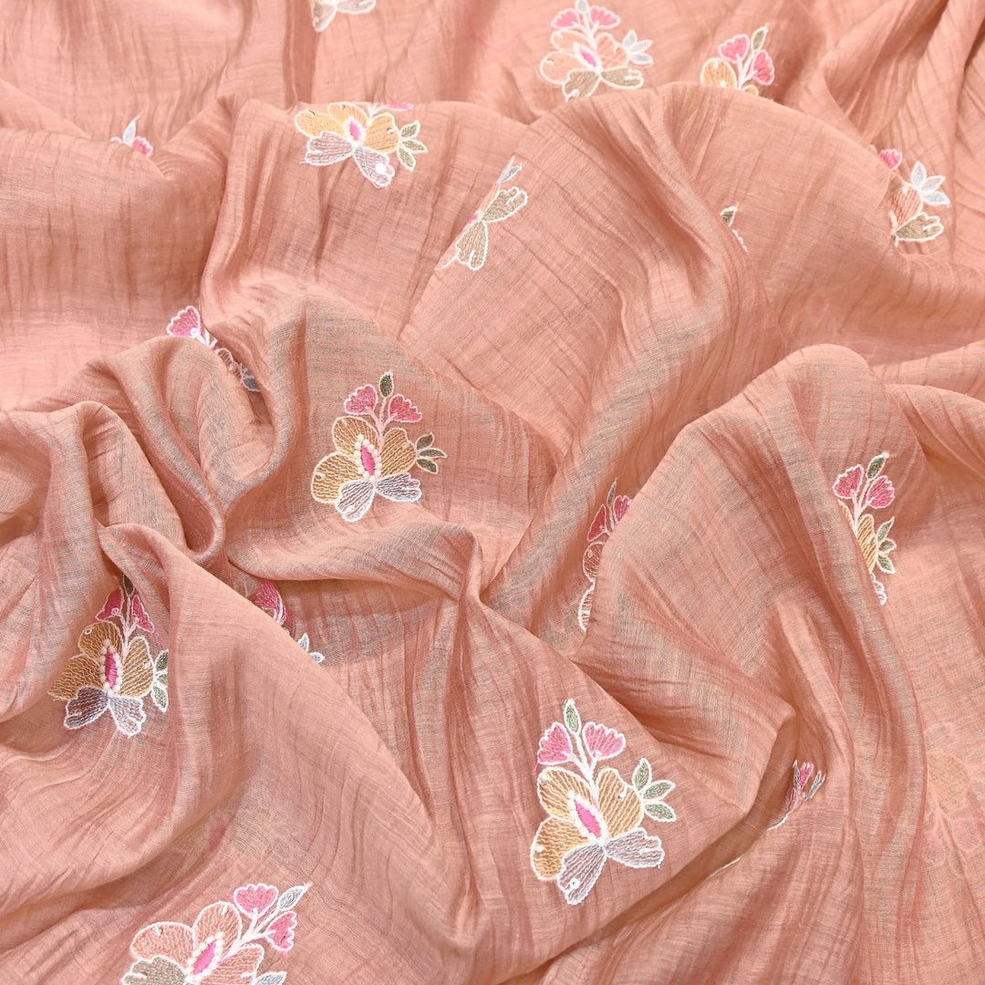 Peach Color Mul Chanderi Fabric with Sequins Embroidery Work | Lightweight Designer Fabric- SWC1039-1