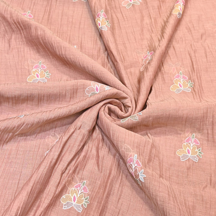 Peach Color Mul Chanderi Fabric with Sequins Embroidery Work | Lightweight Designer Fabric- SWC1039-1