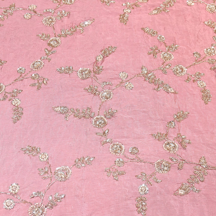 Pastel Pink Chinon Fabric with Heavy Cut Dana, Pearl & Sequins Embroidery – Designer Fabric- V2511C-1