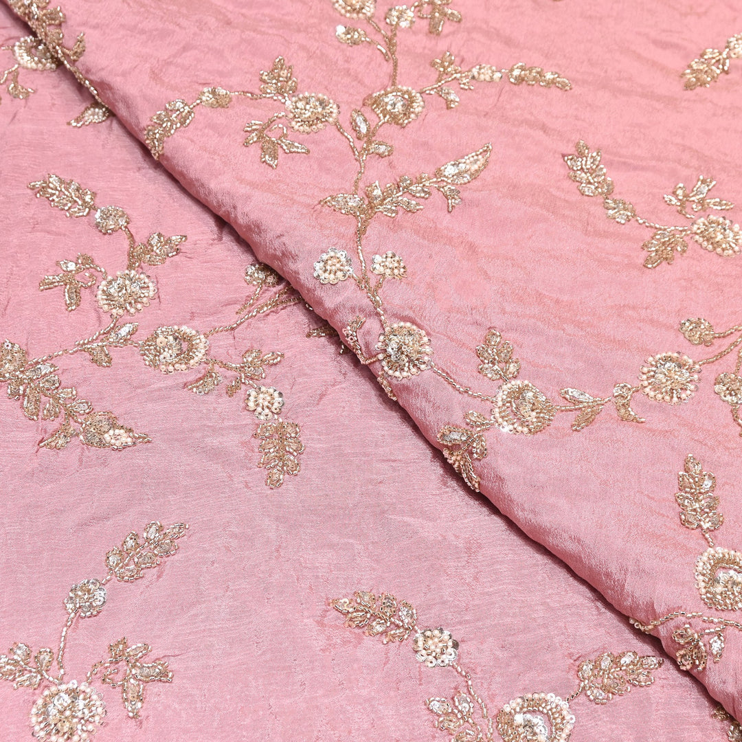 Pastel Pink Chinon Fabric with Heavy Cut Dana, Pearl & Sequins Embroidery – Designer Fabric- V2511C-1