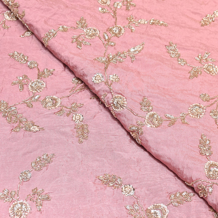 Pastel Pink Chinon Fabric with Heavy Cut Dana, Pearl & Sequins Embroidery – Designer Fabric- V2511C-1