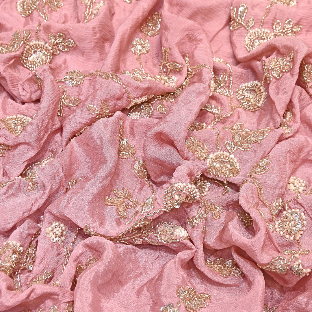Pastel Pink Chinon Fabric with Heavy Cut Dana, Pearl & Sequins Embroidery – Designer Fabric- V2511C-1