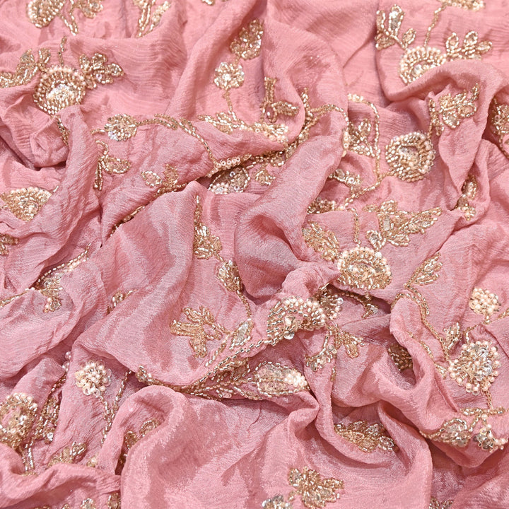 Pastel Pink Chinon Fabric with Heavy Cut Dana, Pearl & Sequins Embroidery – Designer Fabric- V2511C-1