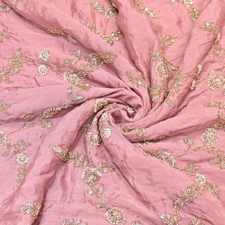 Pastel Pink Chinon Fabric with Heavy Cut Dana, Pearl & Sequins Embroidery – Designer Fabric- V2511C-1
