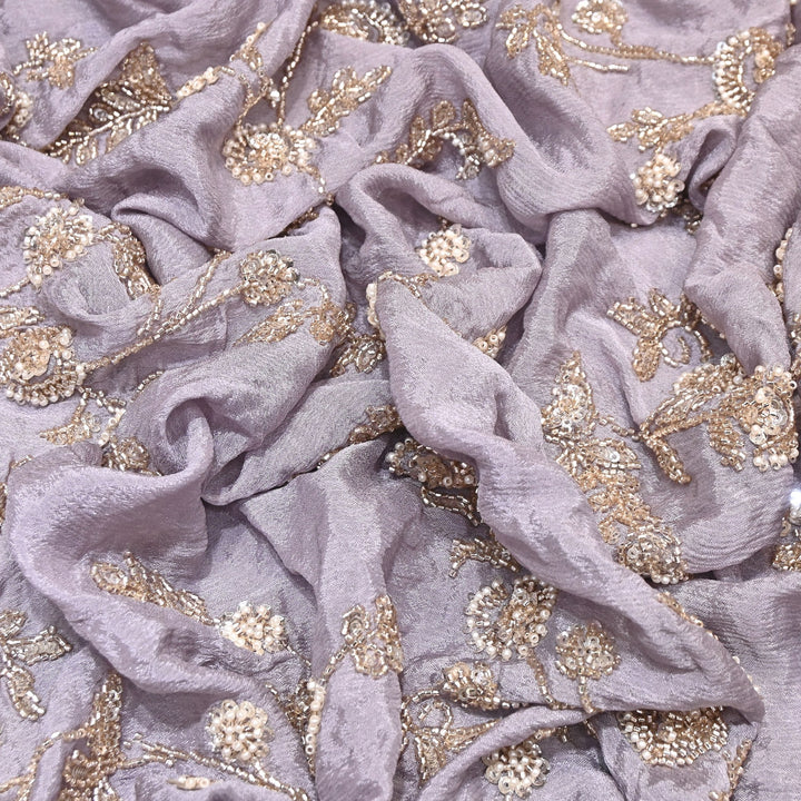 Lavender Color Chinon Fabric with Heavy Cut Dana, Pearl & Sequins Embroidery – Designer Fabric- V2511C-2