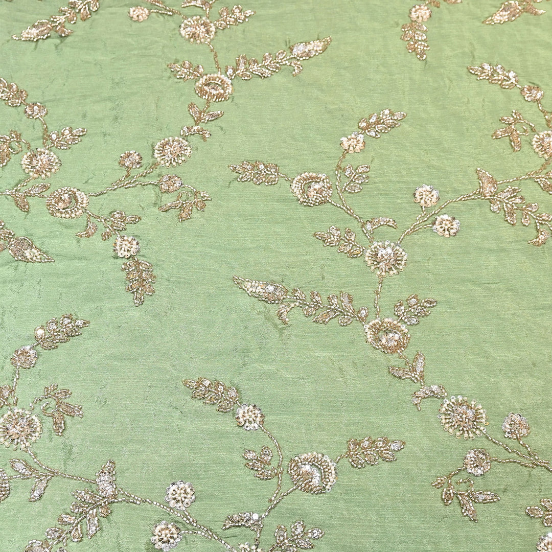 Sage Green Color Chinon Fabric with Heavy Cut Dana, Pearl & Sequins Embroidery – Designer Fabric- V2511C-3