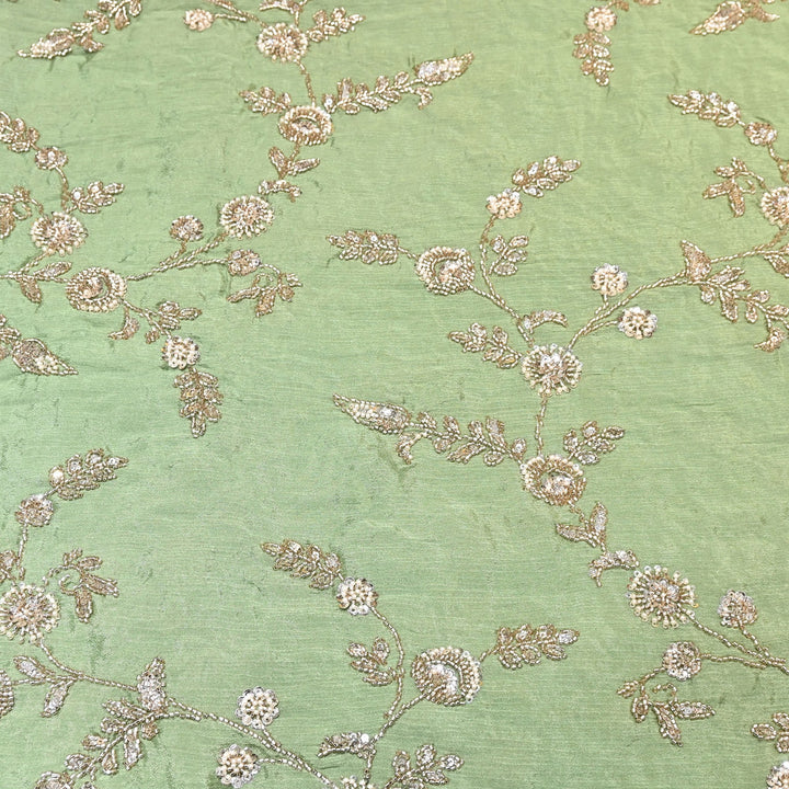 Sage Green Color Chinon Fabric with Heavy Cut Dana, Pearl & Sequins Embroidery – Designer Fabric- V2511C-3