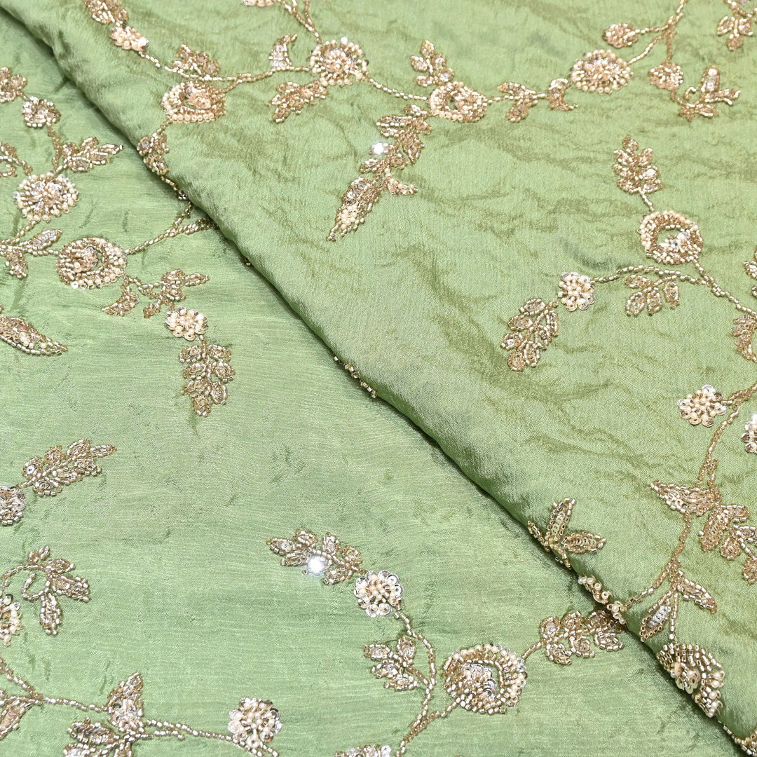 Sage Green Color Chinon Fabric with Heavy Cut Dana, Pearl & Sequins Embroidery – Designer Fabric- V2511C-3