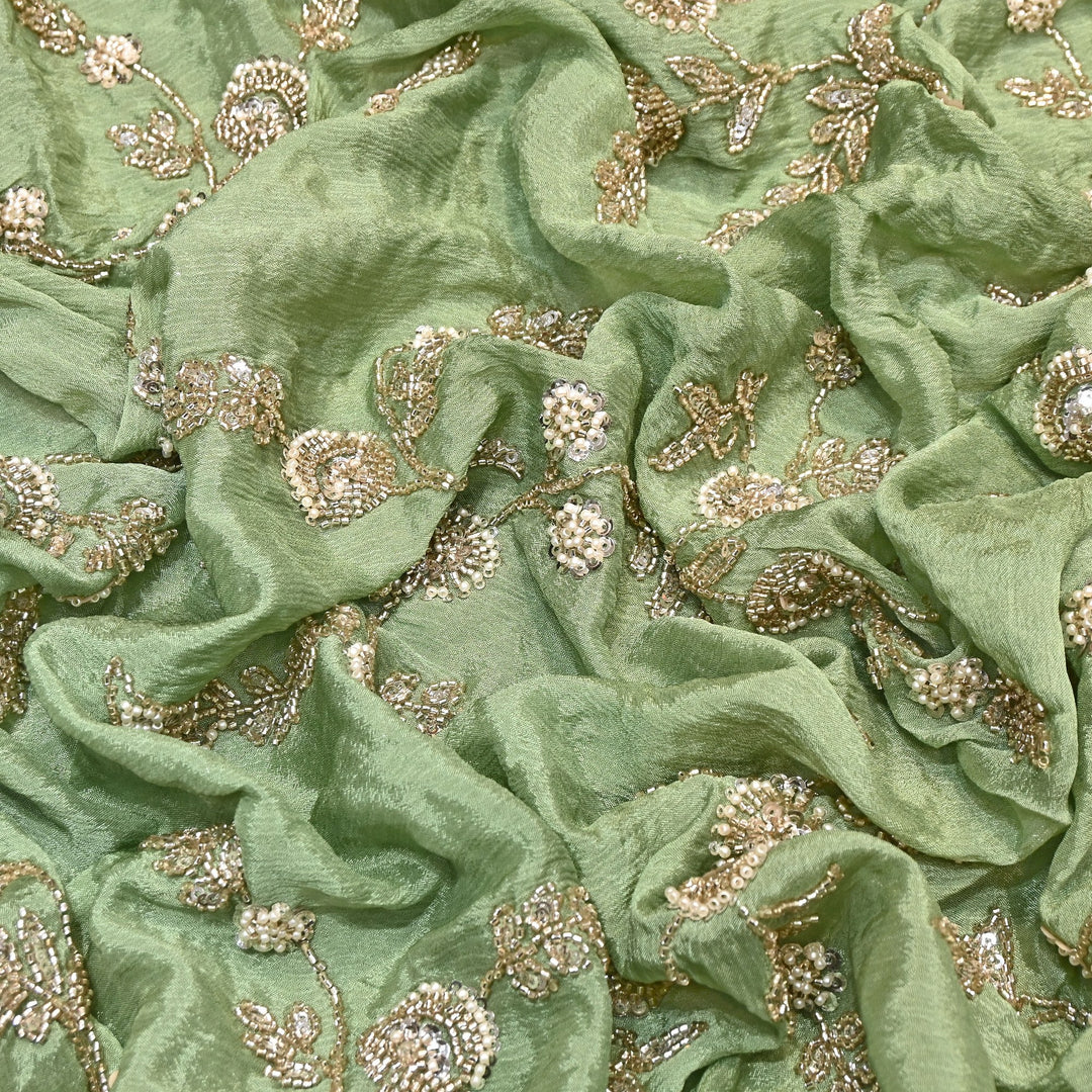 Sage Green Color Chinon Fabric with Heavy Cut Dana, Pearl & Sequins Embroidery – Designer Fabric- V2511C-3