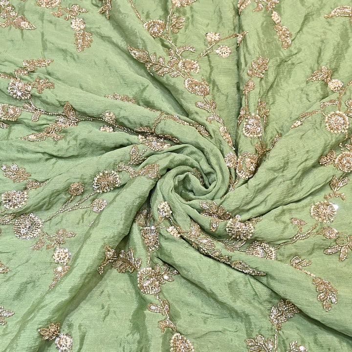 Sage Green Color Chinon Fabric with Heavy Cut Dana, Pearl & Sequins Embroidery – Designer Fabric- V2511C-3